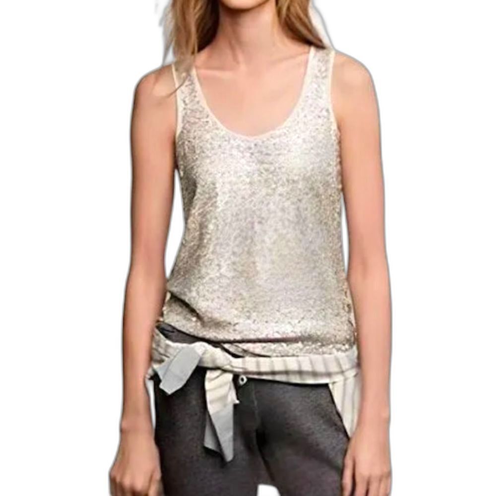 J. Crew Women's Silver Sequin Ivory Cotton Scoop Neck Sleeveless Tank Top Sz XXS